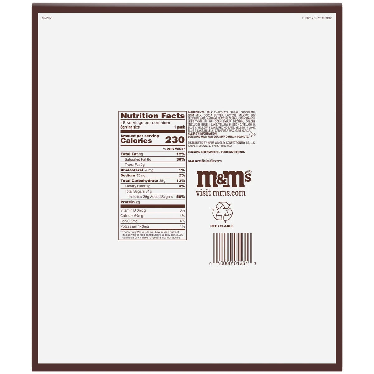 M&M's Milk Chocolate Candy, Full Size, 1.69 oz, 48-count