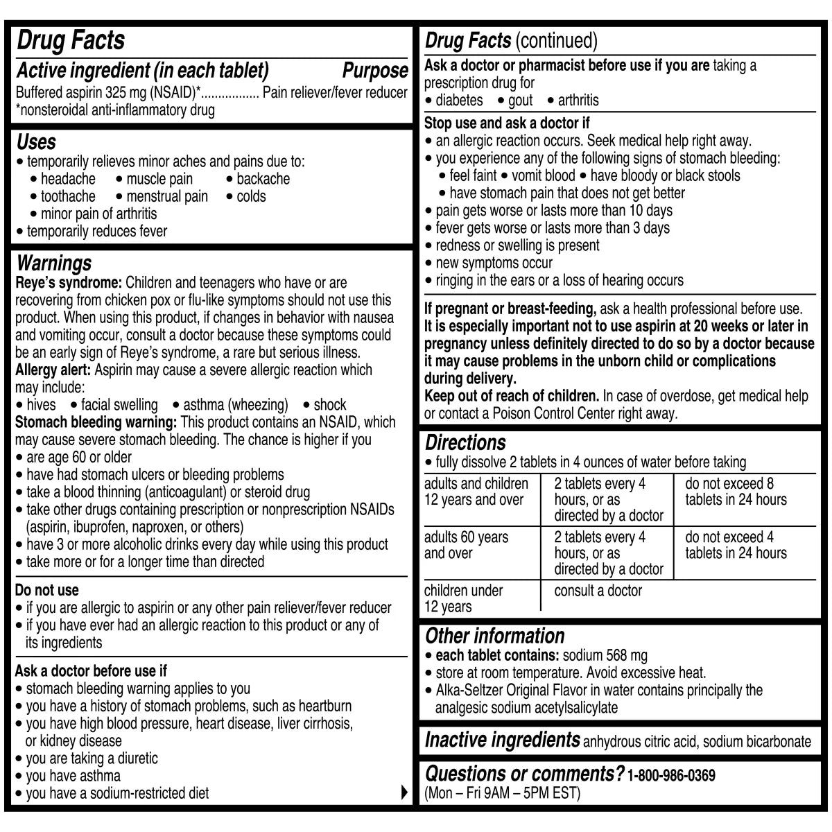 Alka-Seltzer Original, 2 comprimidos efervescentes, 58 bolsas