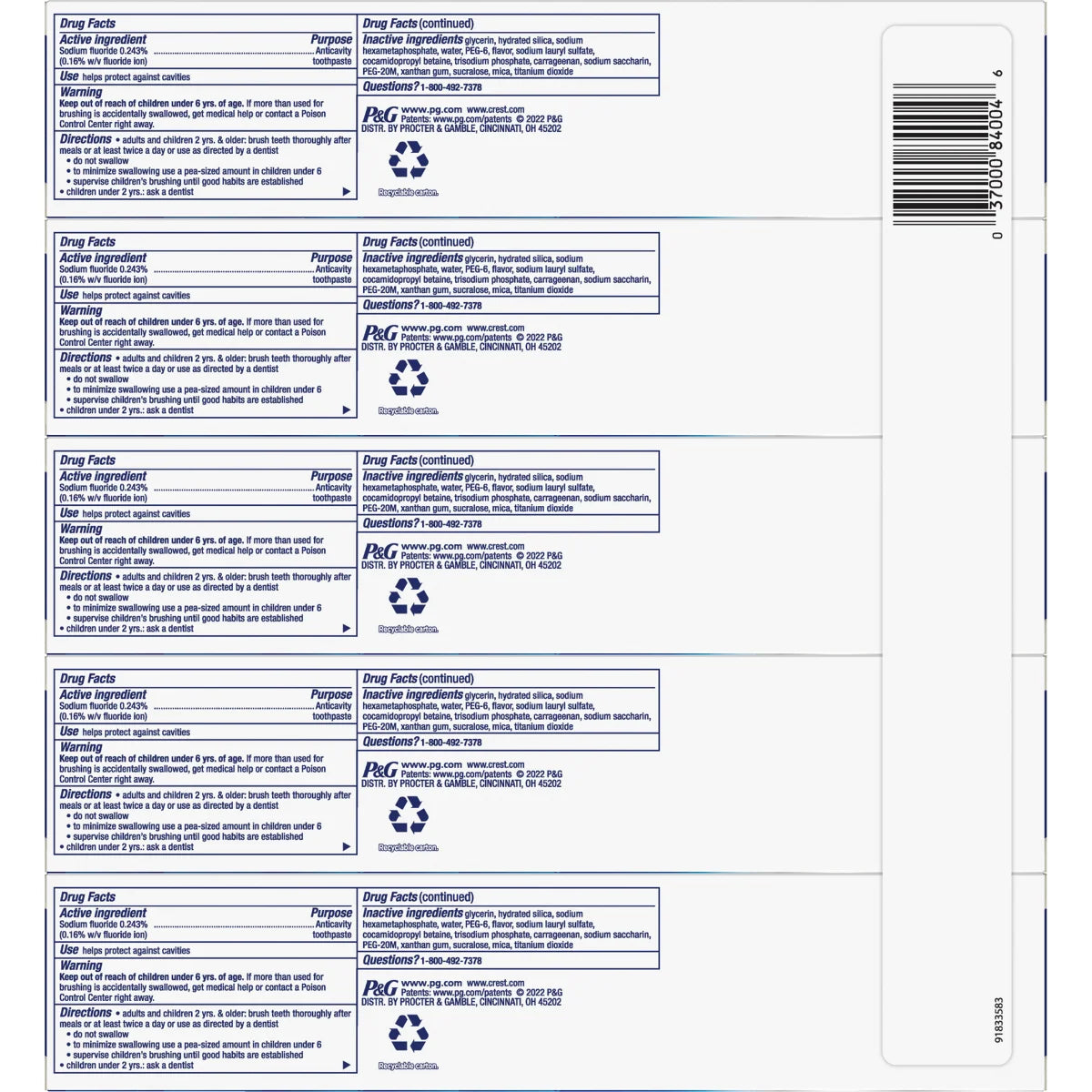 Crest 3D White Advanced Whitening Toothpaste, 5.2 oz, 5-count