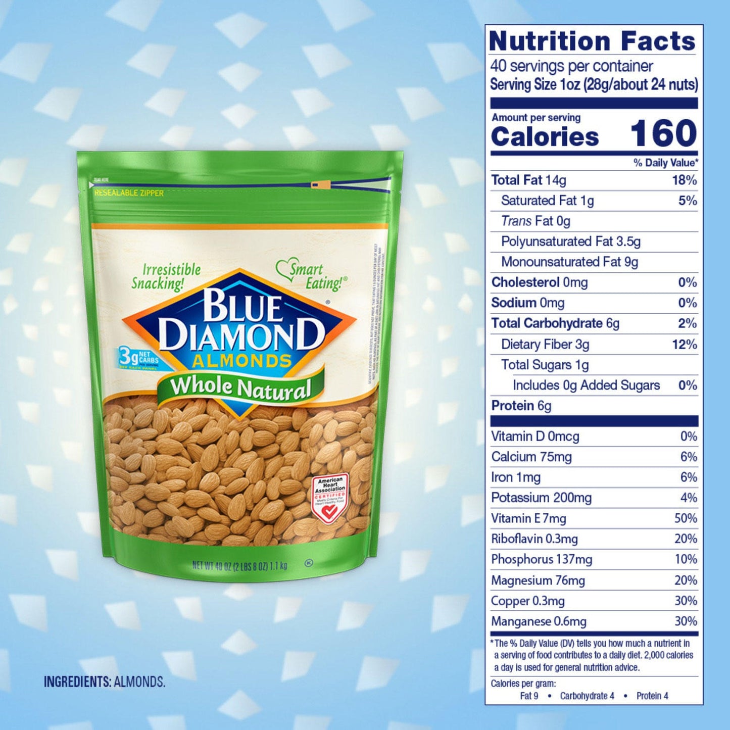 Blue Diamond Whole Natural Almonds, 40 oz.