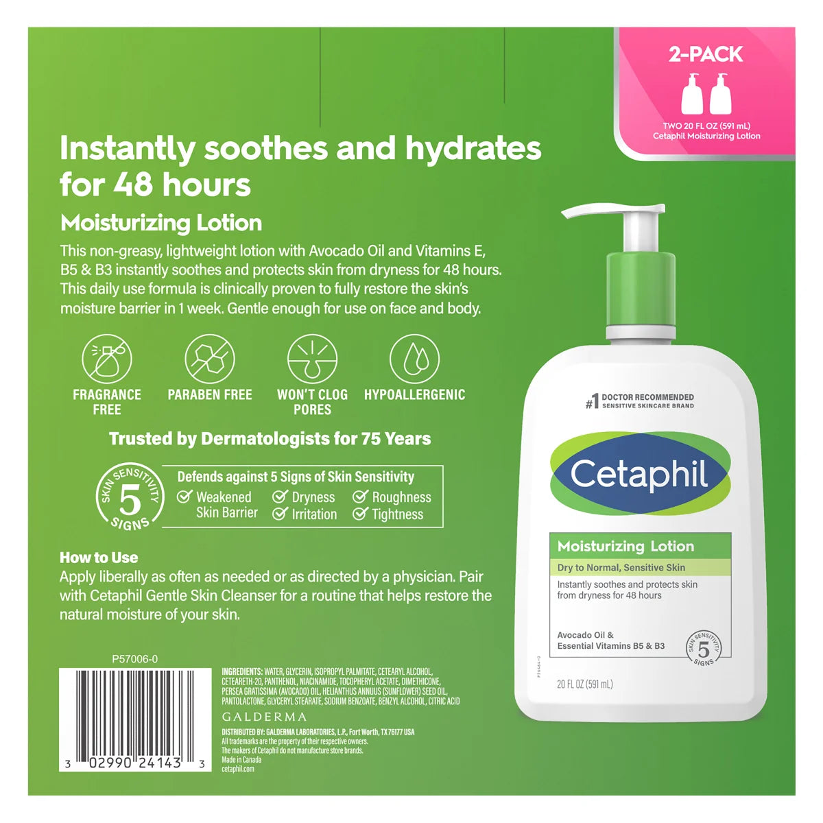 Cetaphil Moisturizing Lotion, Dry to Normal Sensitive Skin, 20 fl oz, 2-count