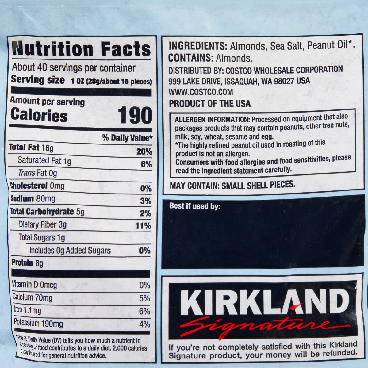 Kirkland Signature Roasted Almonds, Sea Salt, 2.5 lbs