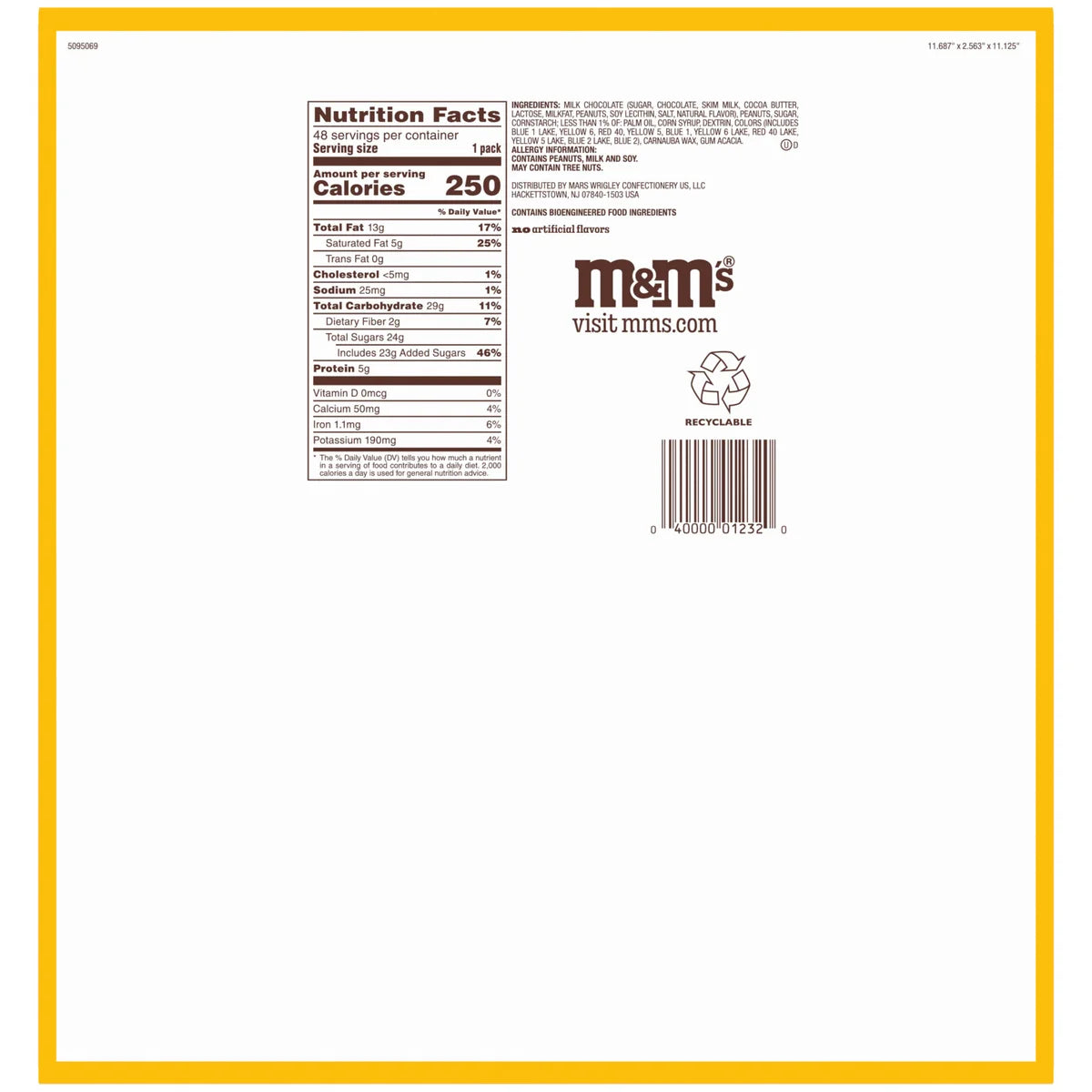 M&M's Chocolate Candy, Peanut, Full Size, 1.74 oz, 48-count