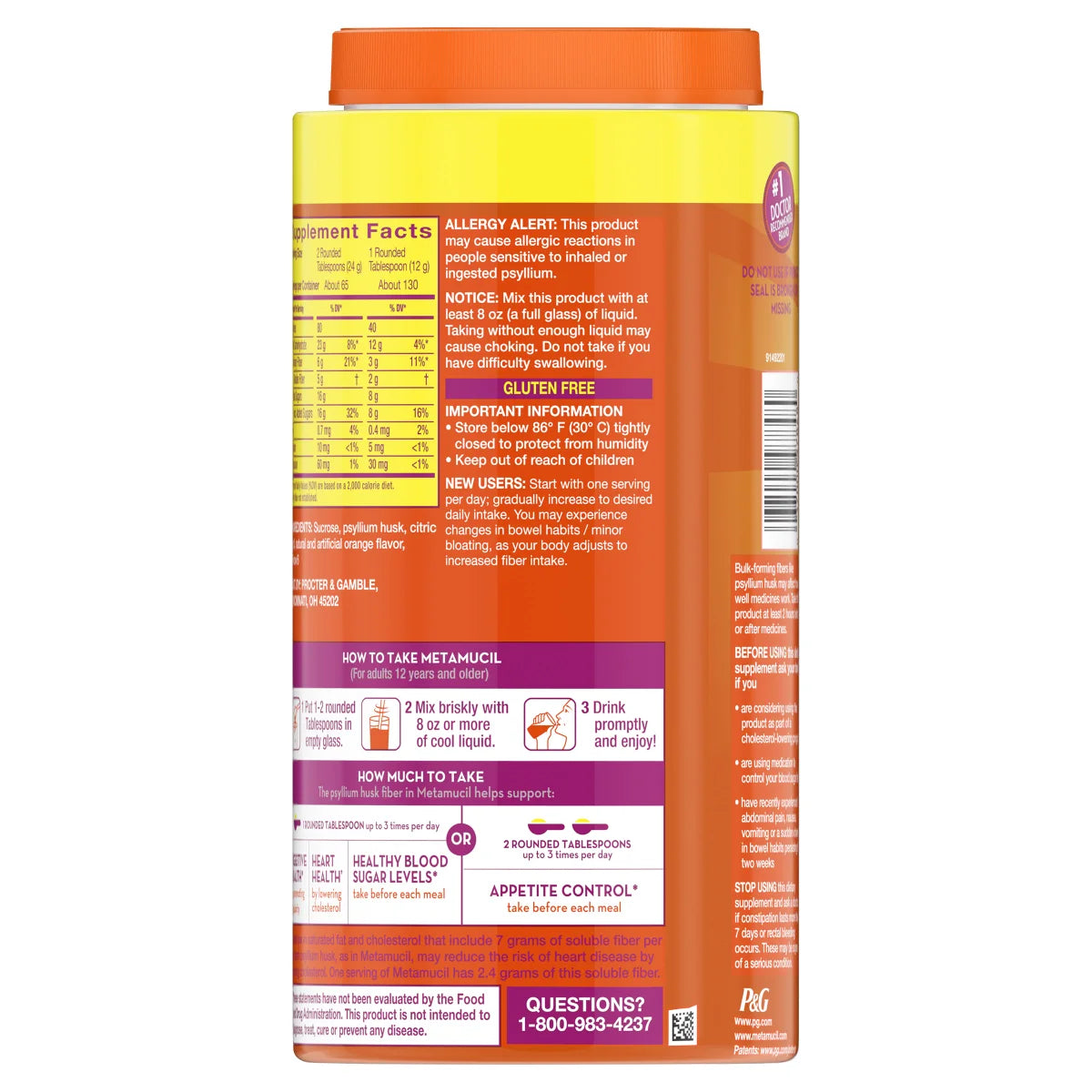 Metamucil Fiber Supplement, Orange, 1 Bottle, 130 Servings