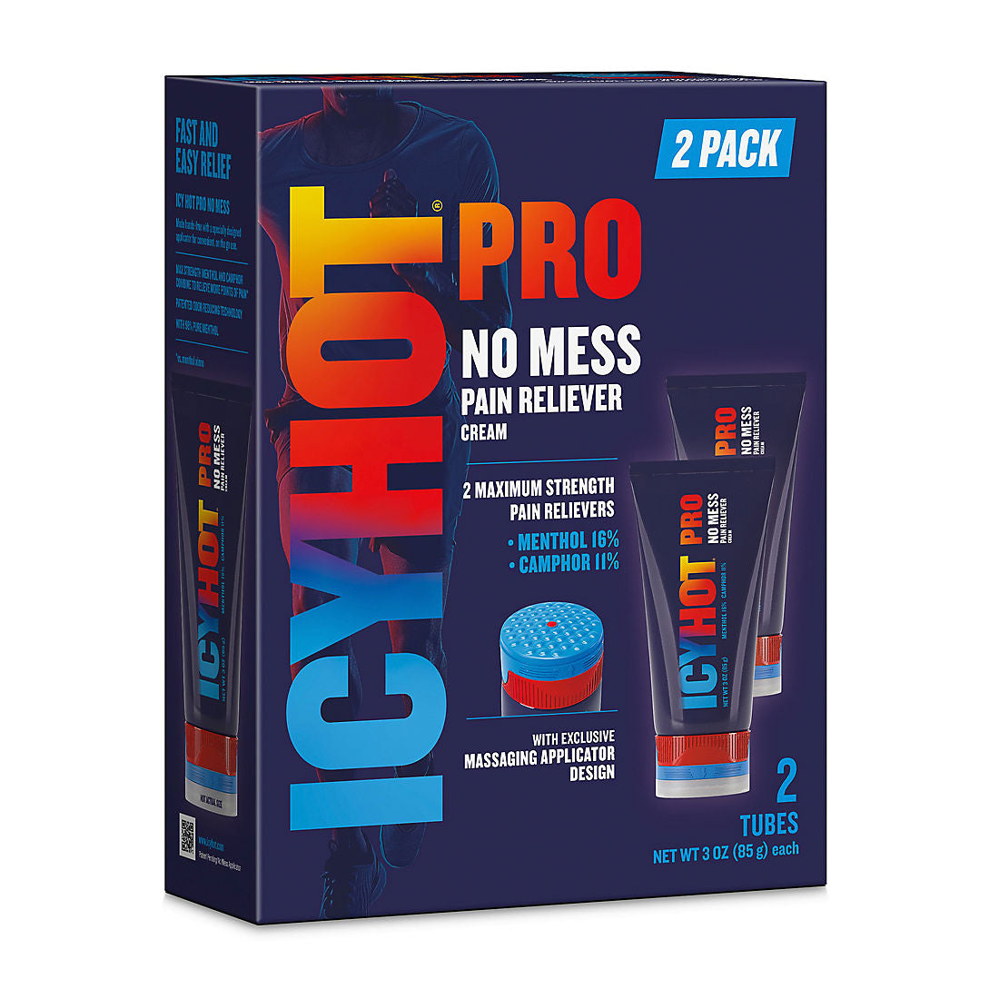 Icy Hot Pro No-Mess Pain Relief Cream Tube, Massaging Applicator With Menthol & Camphor, 2 pk./3 oz.