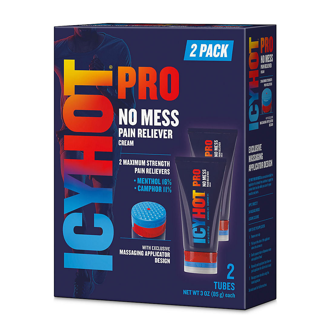 Icy Hot Pro No-Mess Pain Relief Cream Tube, Massaging Applicator With Menthol & Camphor, 2 pk./3 oz.