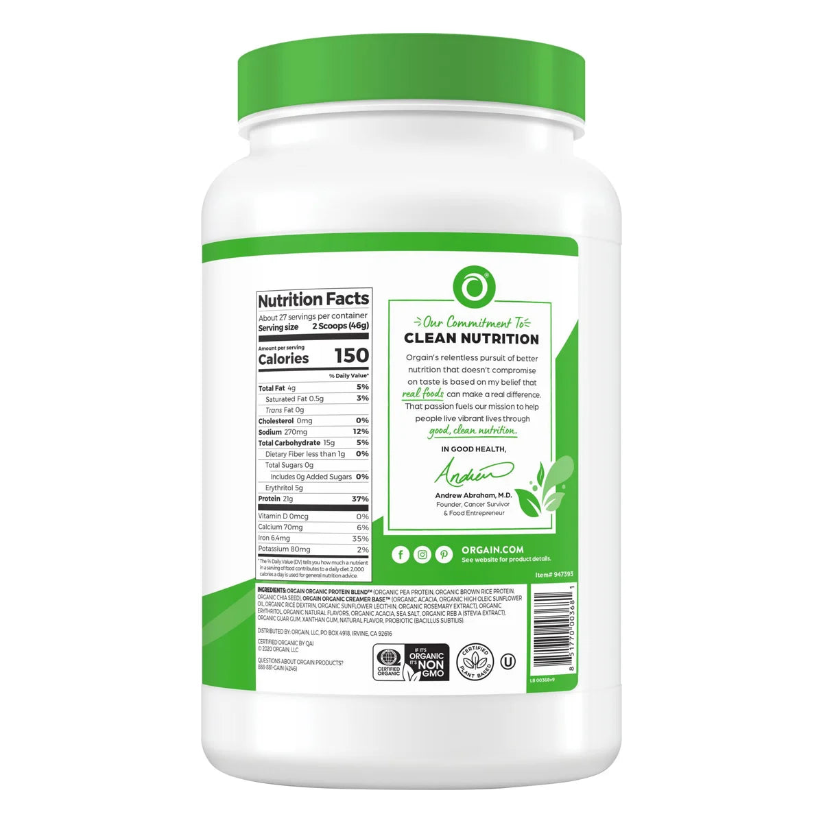 Orgain USDA Organic Plant Protein Powder, Vanilla Bean, 2.74 lbs