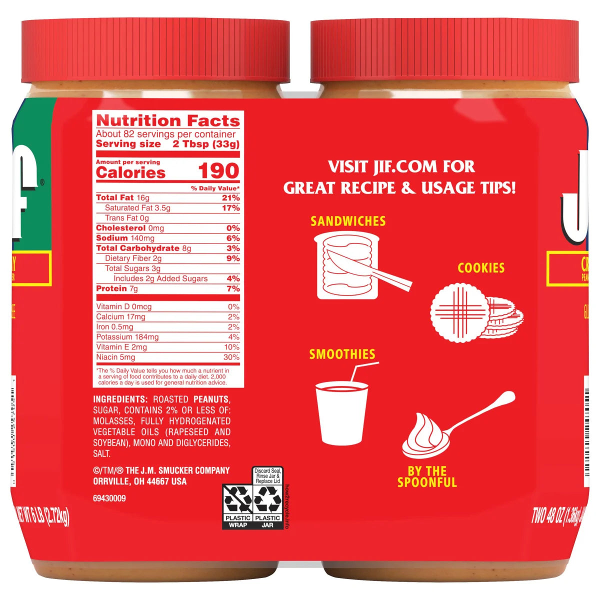 Jif Creamy Peanut Butter 48 oz, 2-Count