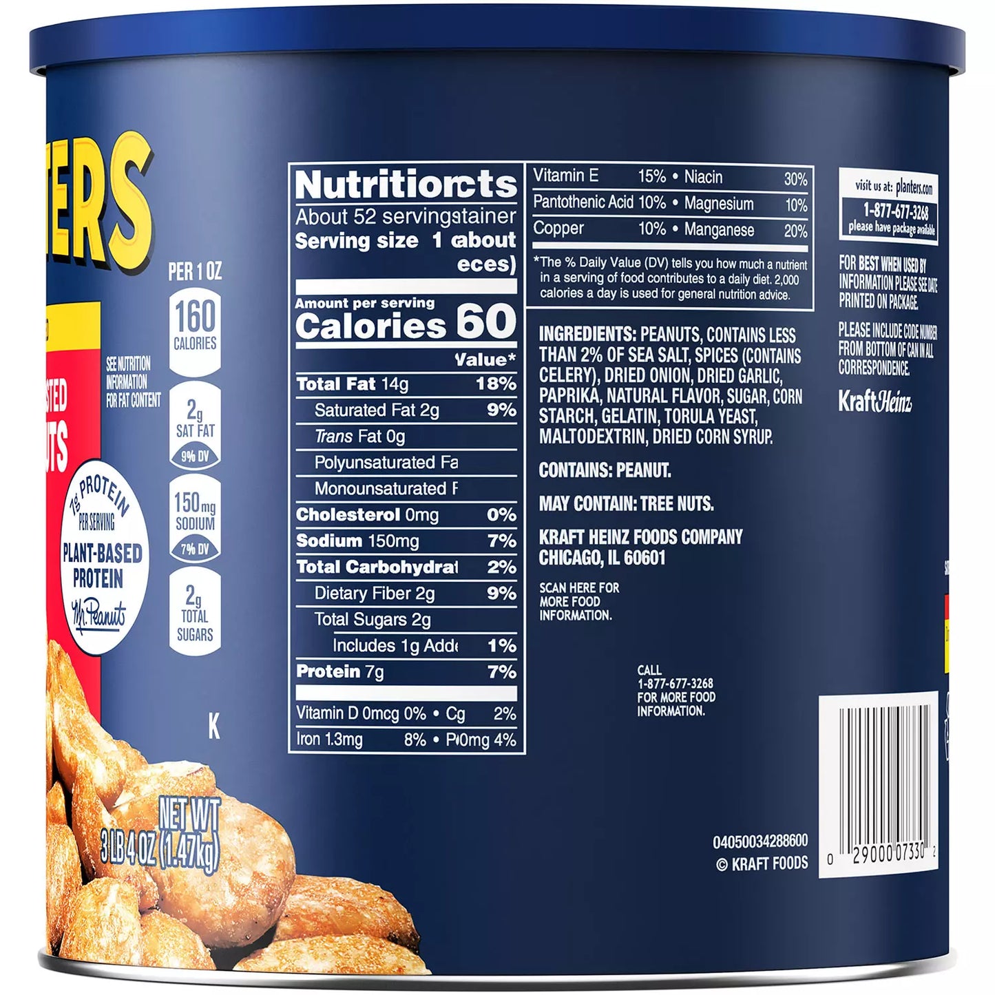 Planters Salted Dry Roasted Peanuts Canister, 52 oz.