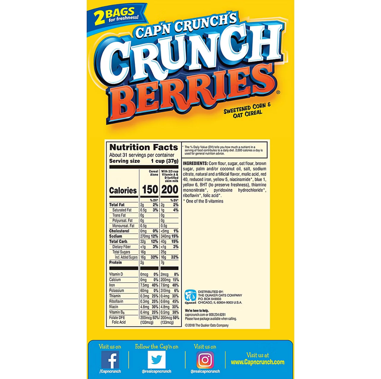 Cap'n Crunch's Crunch Berries Sweetened Corn & Oat Cereal, 2 pk./20 oz.