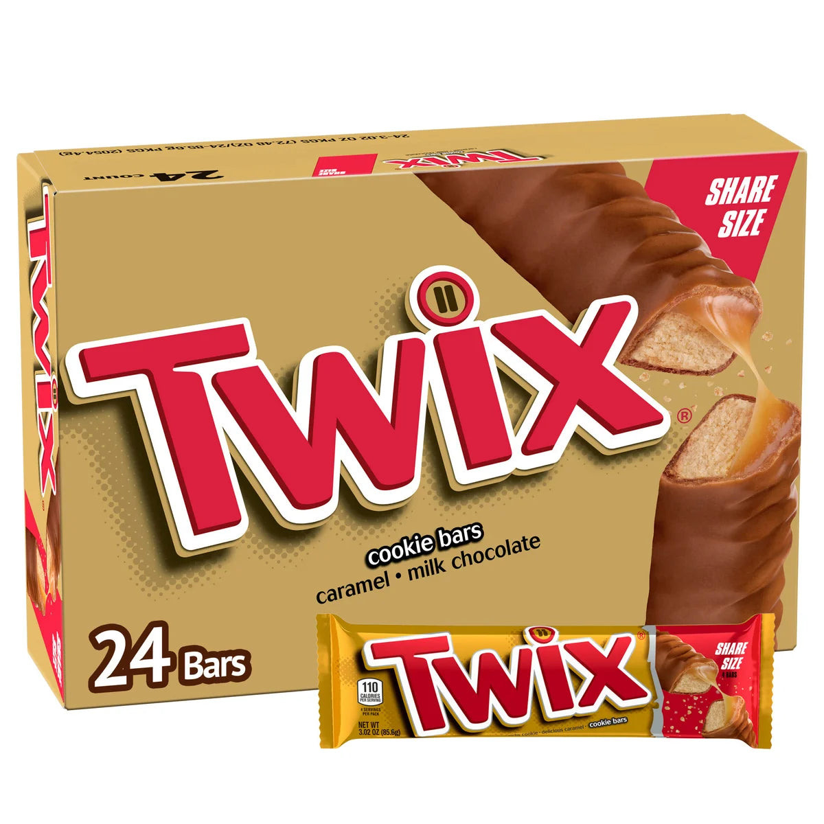 Twix Share Size Chocolate Caramel Cookie Candy Bar, 3.02 oz, 24-count