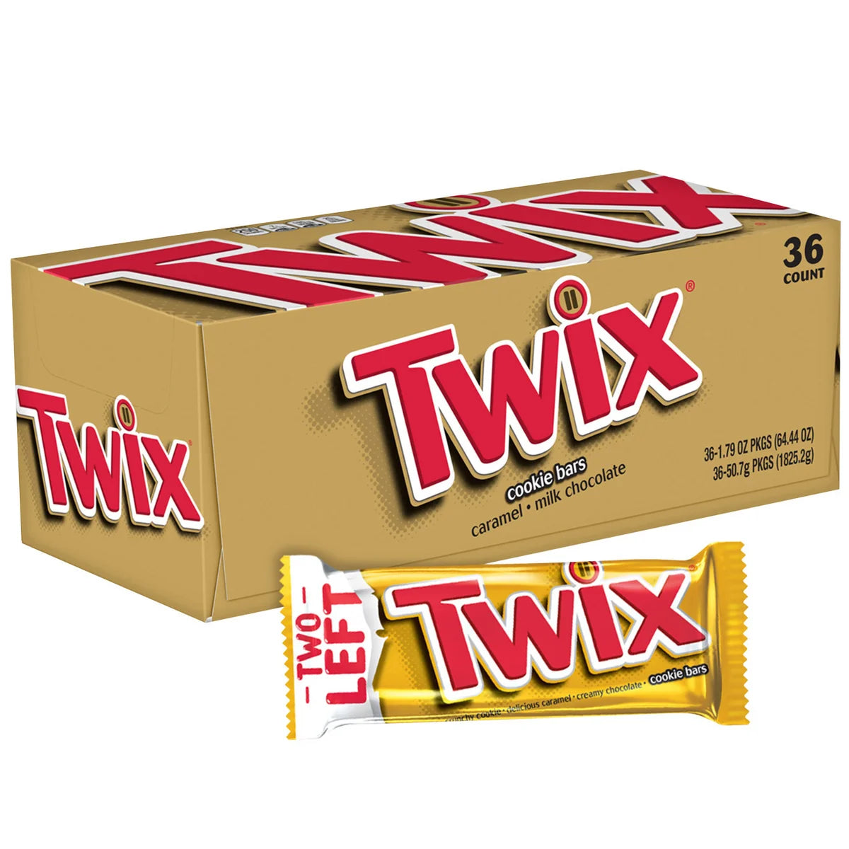 Twix Caramel Cookie Chocolate Candy Bar, Full Size, 1.79 oz, 36-count
