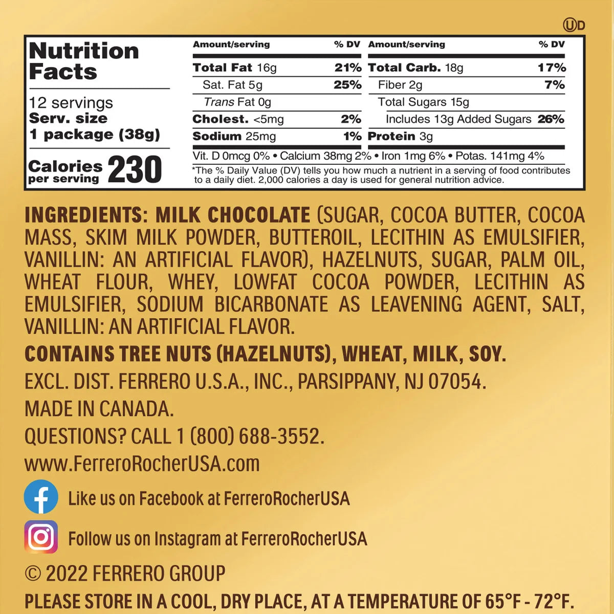 Ferrero Rocher, Milk Chocolate Hazelnut Candy, 1.3 oz, 3-count, 12-pack