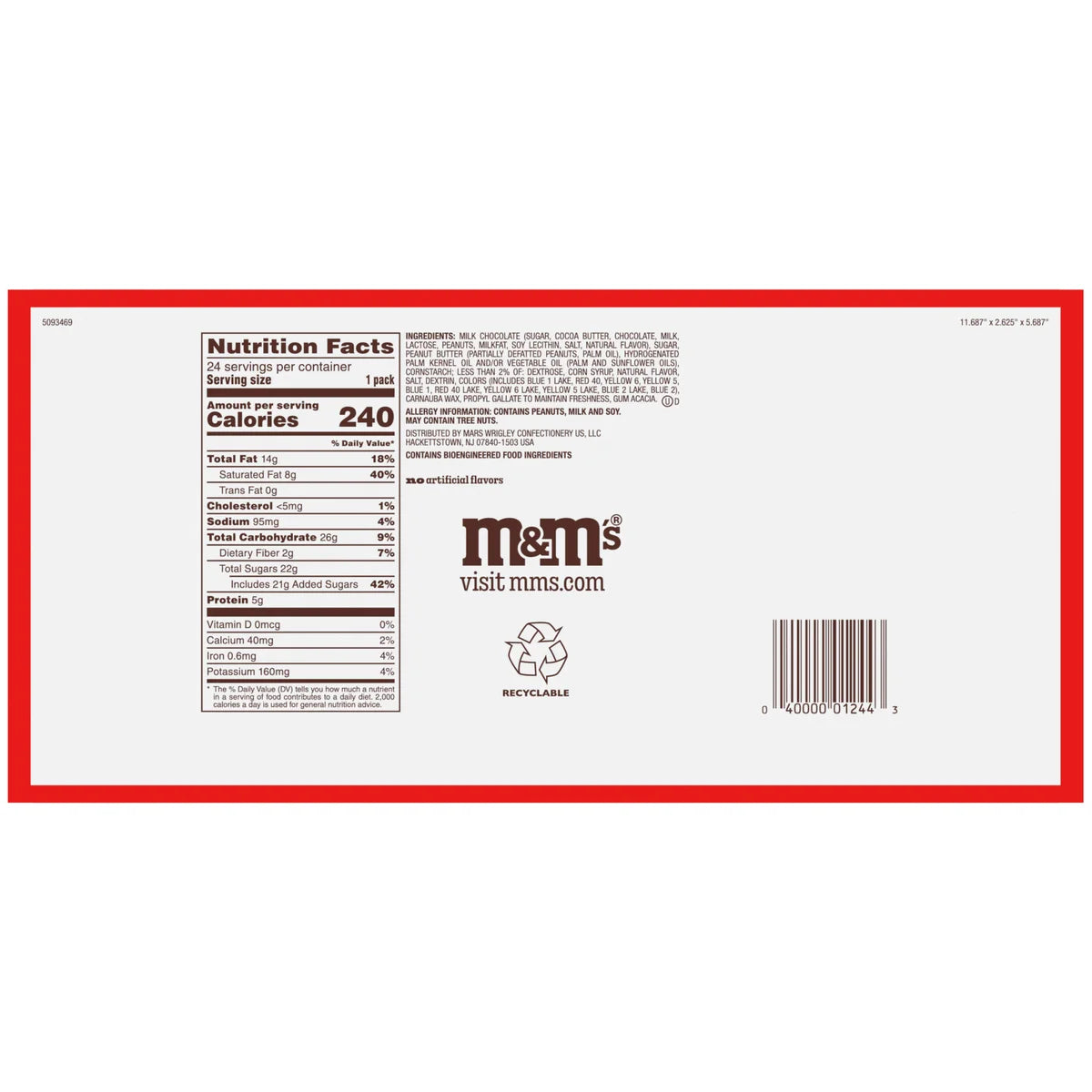 M&M's Chocolate Candy, Peanut Butter, Full Size 1.63 oz, 24-count