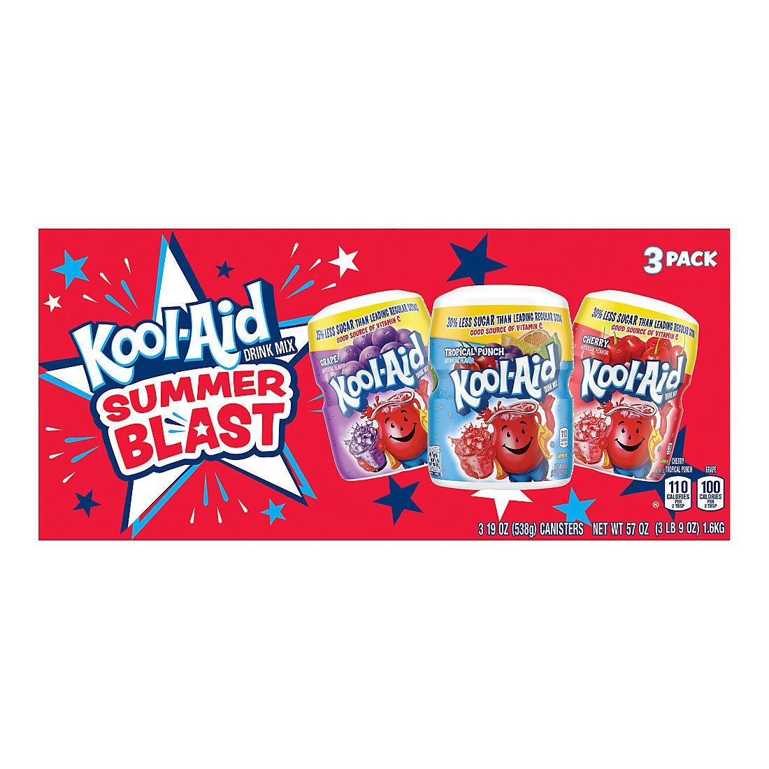 Kool-Aid Sugar Sweetened Artificially Flavored Powdered Drink Mix, Canisters, 3 pk./57 oz.