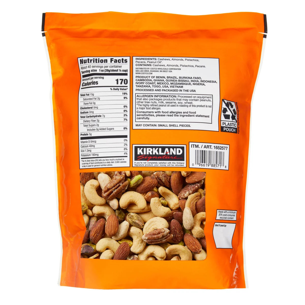 Kirkland Signature Extra Fancy Mixed Nuts, Unsalted, 2.5 lbs