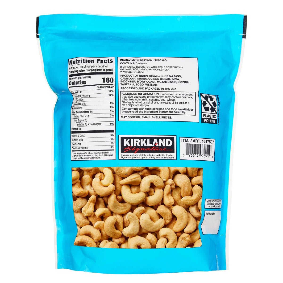 Kirkland Signature Fancy Whole Cashews, Unsalted, 2.5 lbs