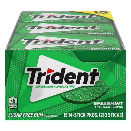 Trident Sugar Free Gum, Spearmint, 14-count, 15-pack