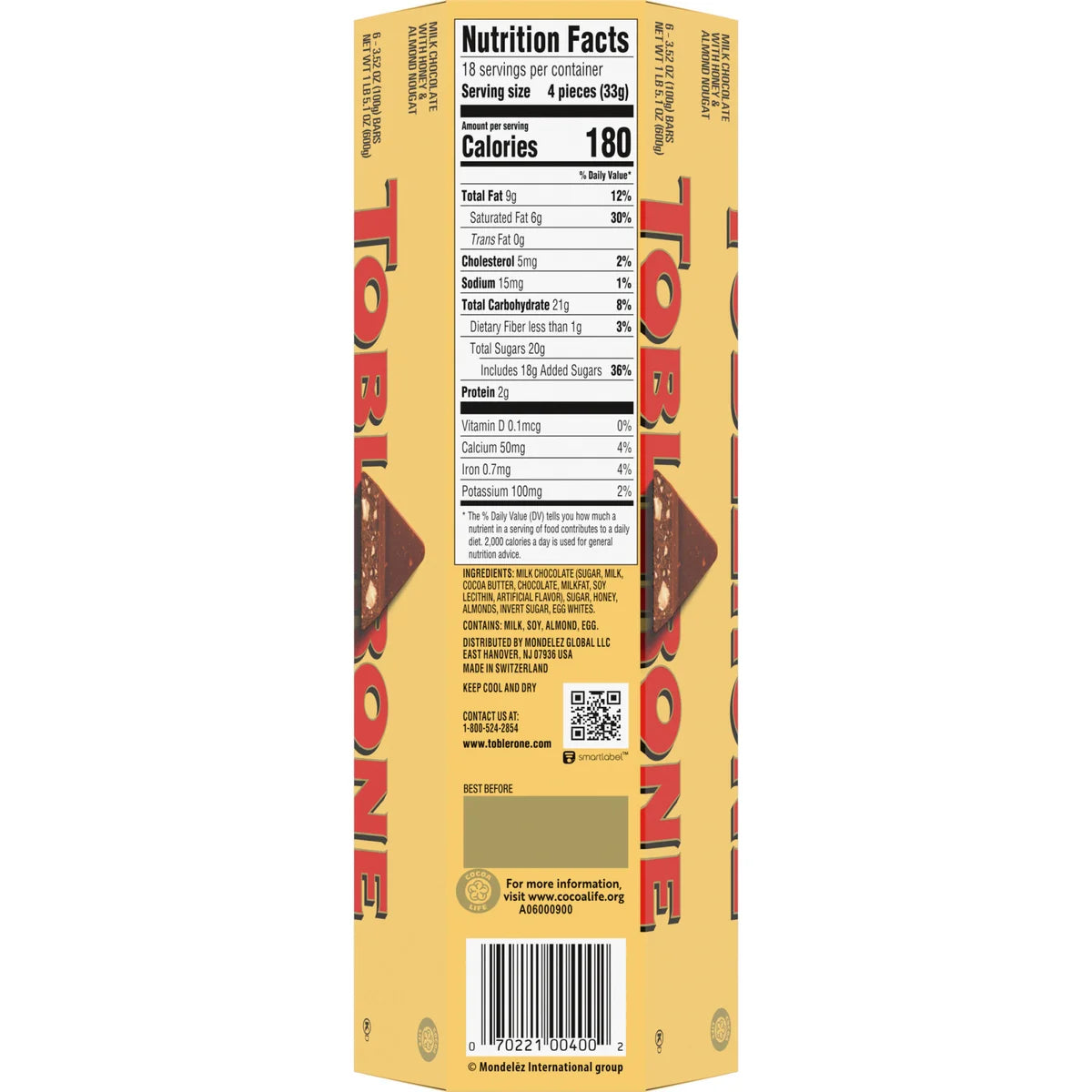 Toblerone Swiss Milk Chocolate Bar, 3.52 oz, 6-Count