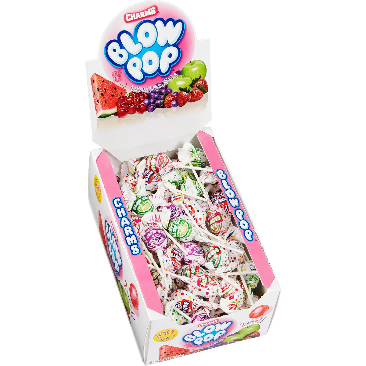Charms Blow Pop, 0.65 oz, Assorted Bubble Gum Filled Pops, 100-count