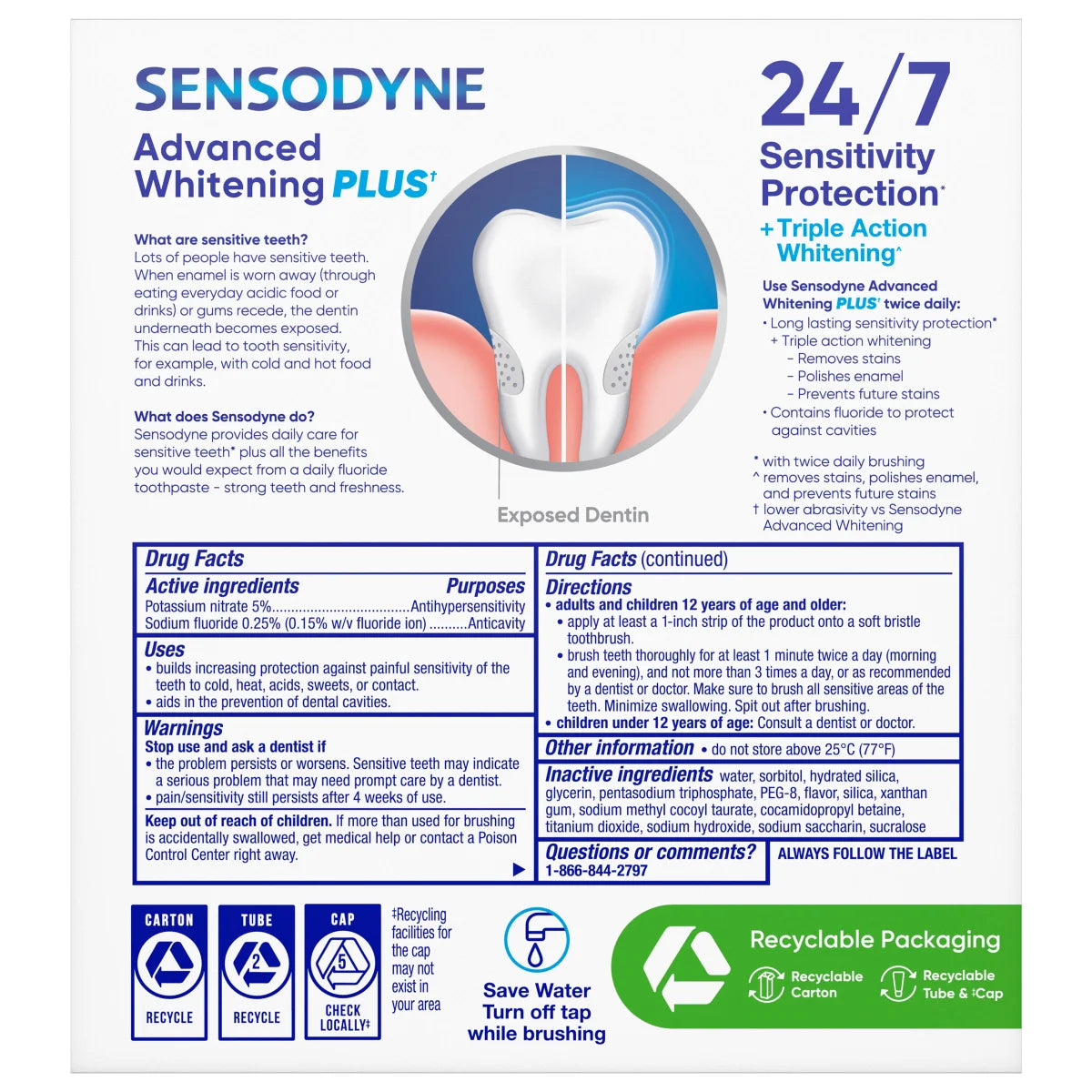 SENSODYNE Advanced Whitening Toothpaste, 6.5 oz, 4-pack